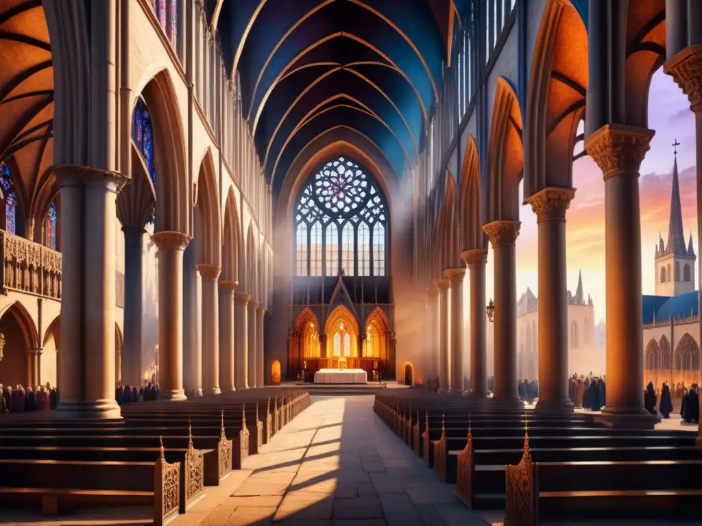 Pintura detallada en acuarela de catedral medieval al atardecer, simbolismo del color en arte medieval