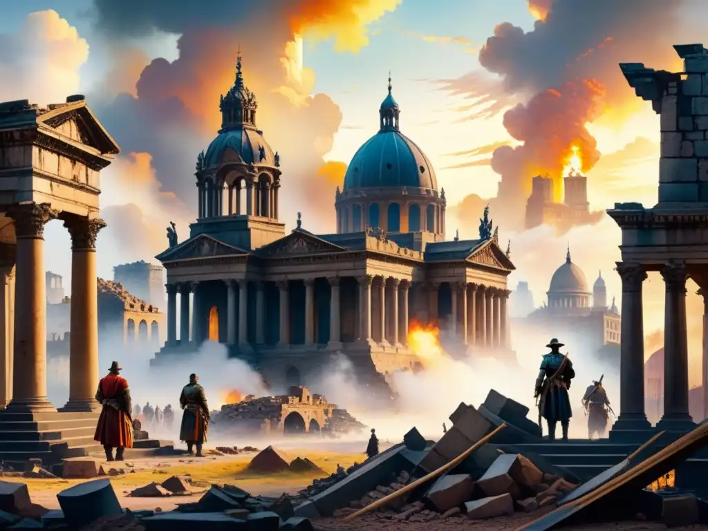 Pintura detallada en acuarela de una ciudad vibrante emergiendo de la destrucción, con artistas y arquitectos trabajando, simbolizando el renacimiento artístico post guerras