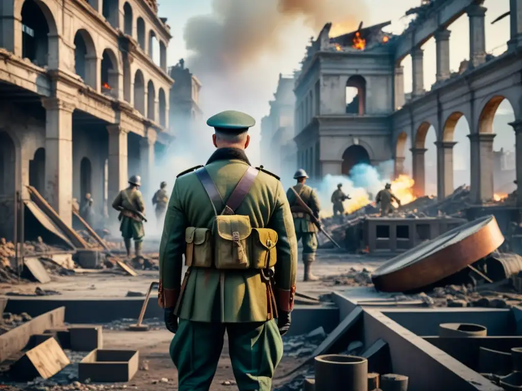 Pintura detallada en acuarela de una ciudad en reconstrucción post guerras, con artistas restaurando murales