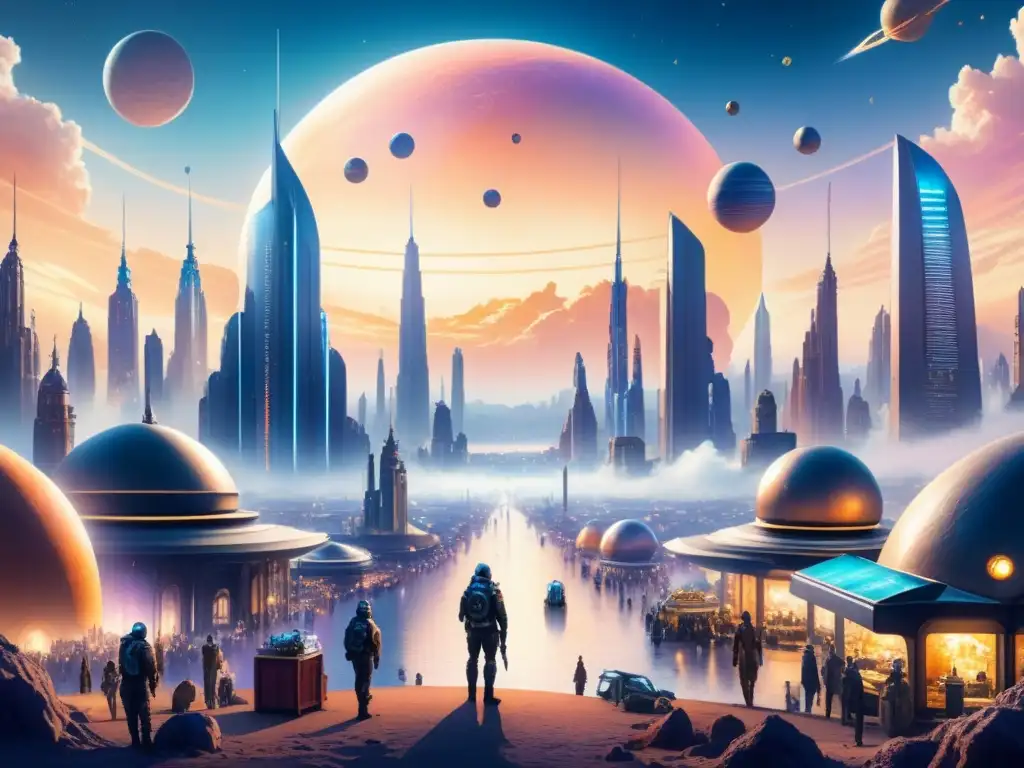 Pintura detallada en acuarela de una ciudad futurista en un planeta lejano, influenciada por la exploración espacial y el arte moderno