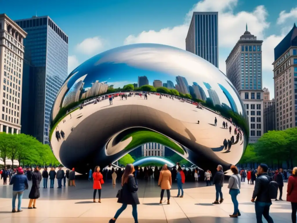 Pintura detallada en acuarela de Cloud Gate en Millennium Park, Chicago, reflejando la ciudad y visitantes