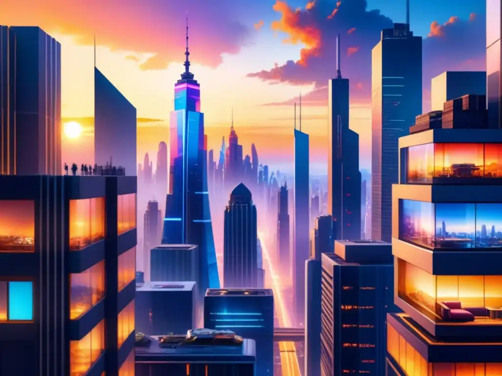 Pintura detallada en acuarela de una ciudad futurista al atardecer, con rascacielos brillando con luces de neón