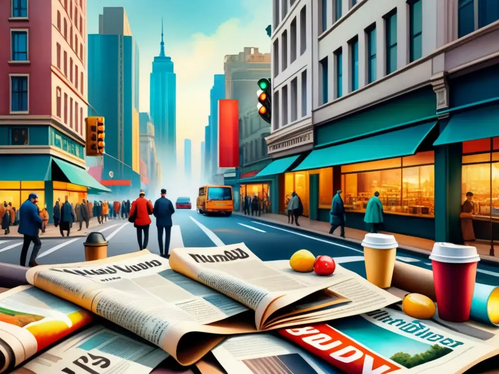 Vida urbana: acuarela detallada de ciudad postmoderna Una pintura detallada en acuarela de una concurrida esquina de la ciudad, mostrando objetos ordinarios y elementos urbanos modernos