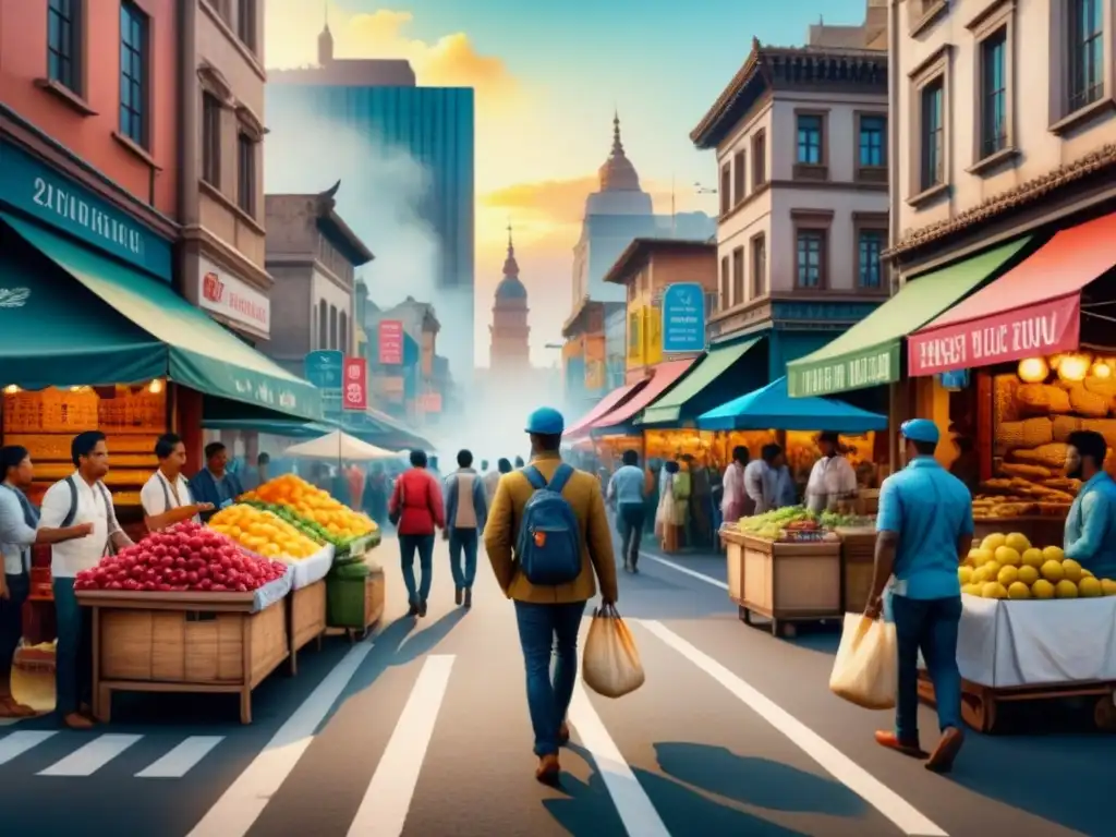 Una pintura detallada en acuarela que refleja la diversidad cultural y social en una bulliciosa intersección urbana