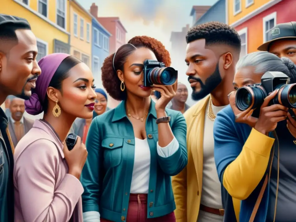 Una pintura detallada en acuarela de un diverso grupo participando en proyectos de arte comunitario fotografía, transmitiendo unidad y propósito