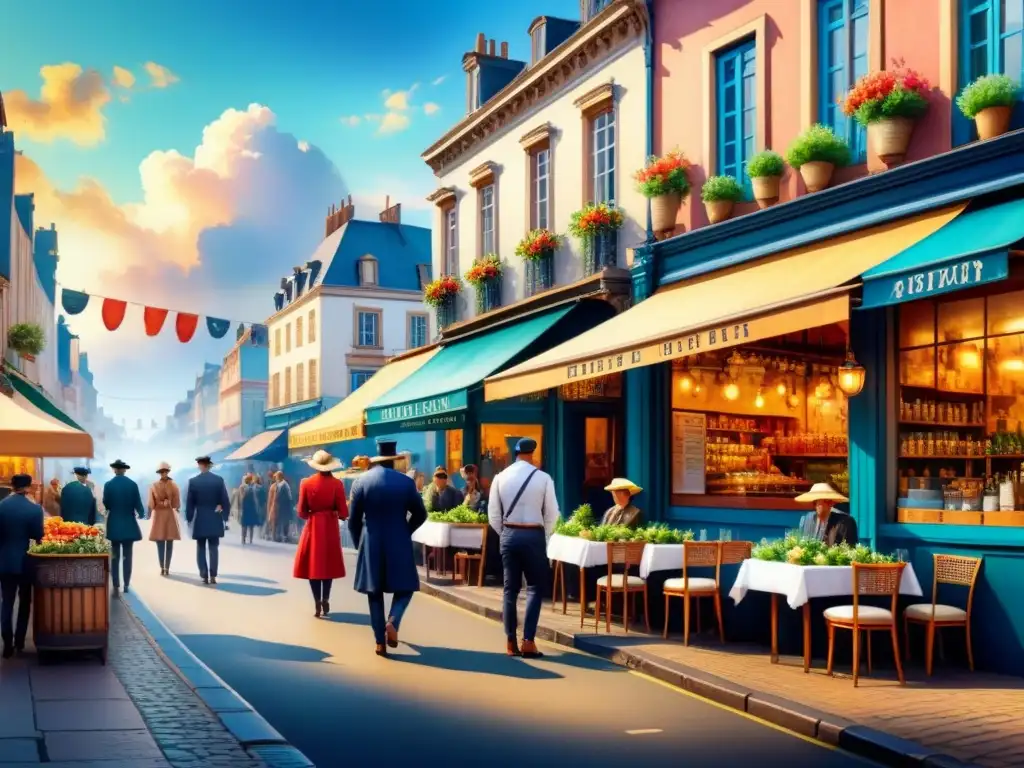 Pintura acuarela vibrante de escena callejera postimpresionista Pintura detallada en acuarela de escena callejera vibrante al estilo PostImpresionista con paleta colores PostImpresionistas