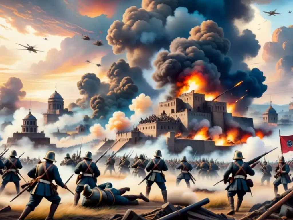 Pintura detallada acuarela de escena bélica histórica con evolución técnicas representación conflicto