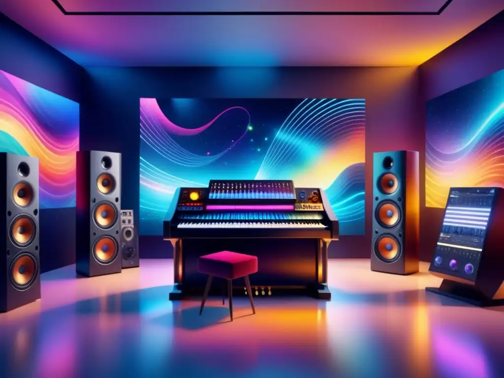 Una pintura detallada en acuarela 8k de un estudio de música futurista con IA, fusionando lo tradicional y la tecnología en Arte Sonoro