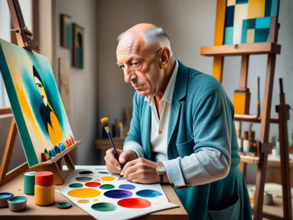 Pintura detallada de acuarela de Pablo Picasso en su estudio, inmerso en la creatividad