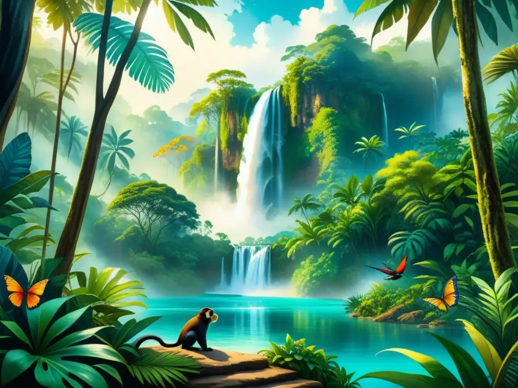 Una pintura detallada en acuarela de una exuberante selva con una majestuosa cascada y una piscina cristalina, rodeada de flora y fauna exótica