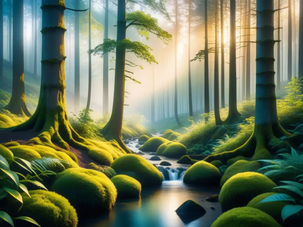 Una pintura detallada en acuarela de un exuberante bosque al atardecer, con contrastes de luz y sombras que realzan el romanticismo de la escena