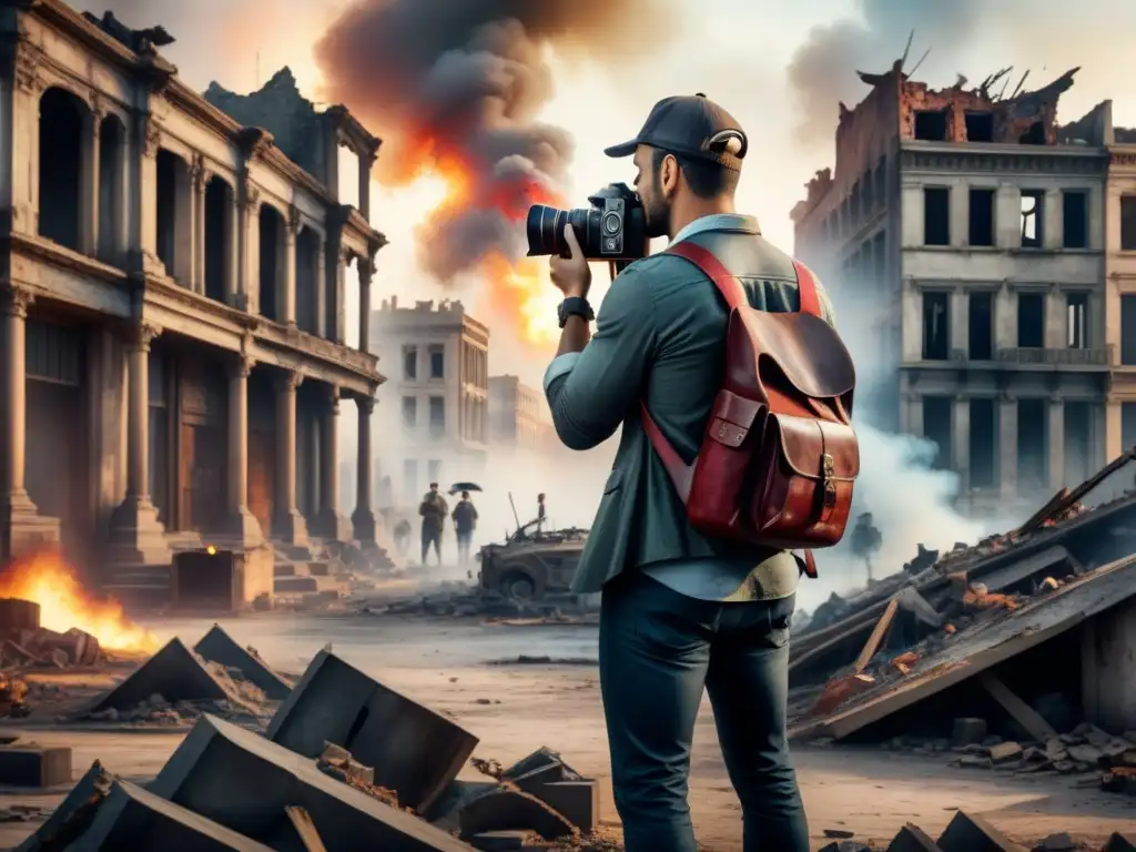 Una pintura detallada en acuarela que muestra a un fotógrafo en una ciudad devastada, capturando la historia y la resiliencia en tiempos de crisis