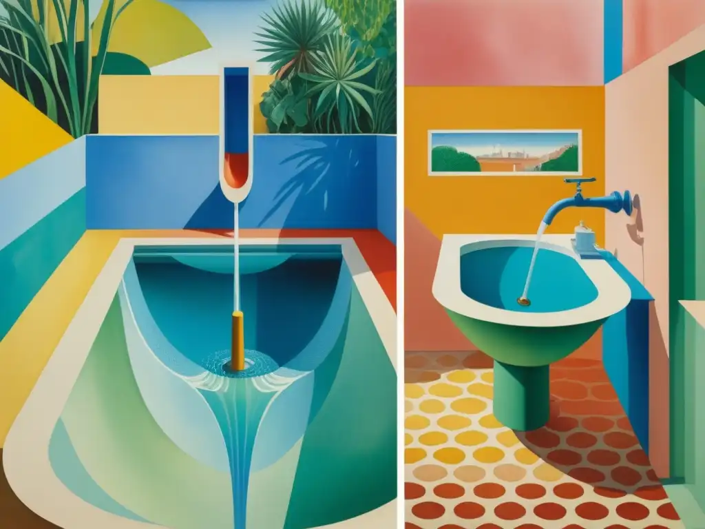 Una pintura detallada en acuarela que fusiona 'Fountain' de Marcel Duchamp y 'A Bigger Splash' de David Hockney