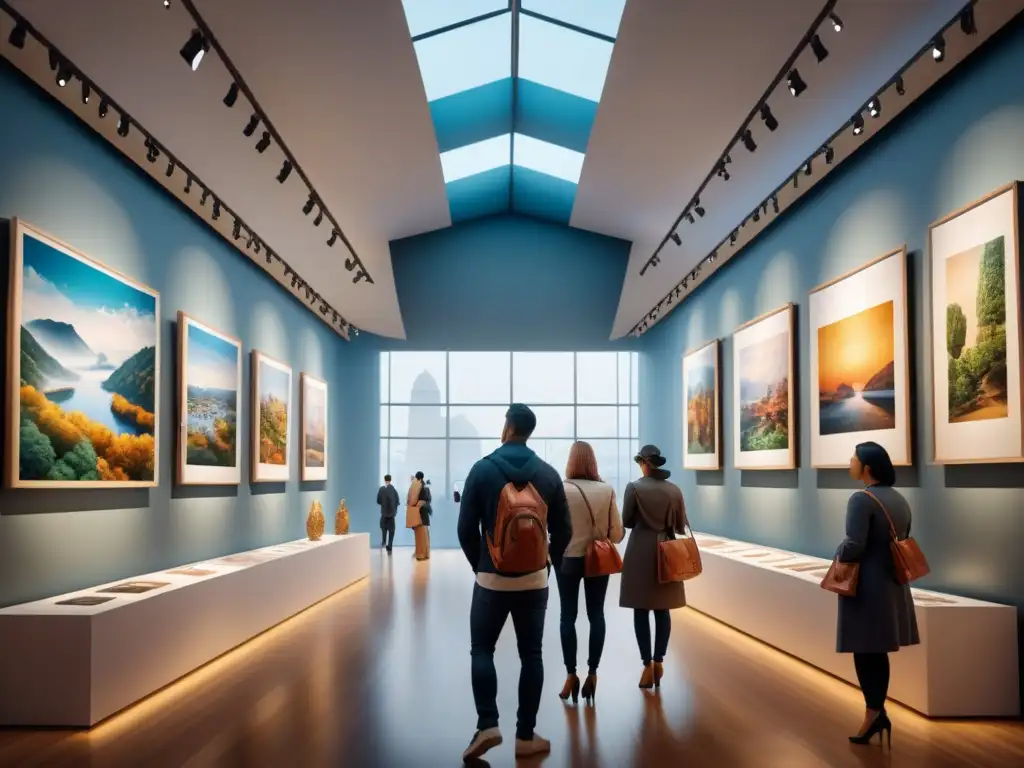 Exposición multicultural: vibrante galería de arte Una pintura detallada en acuarela de una galería de arte vibrante y bulliciosa, llena de obras culturales de todo el mundo