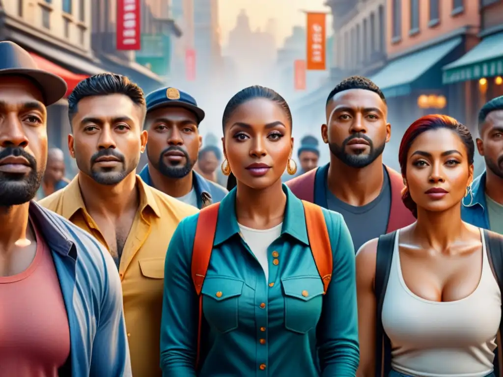 Una pintura detallada de acuarela de un grupo diverso creando arte comunitario a través de la fotografía