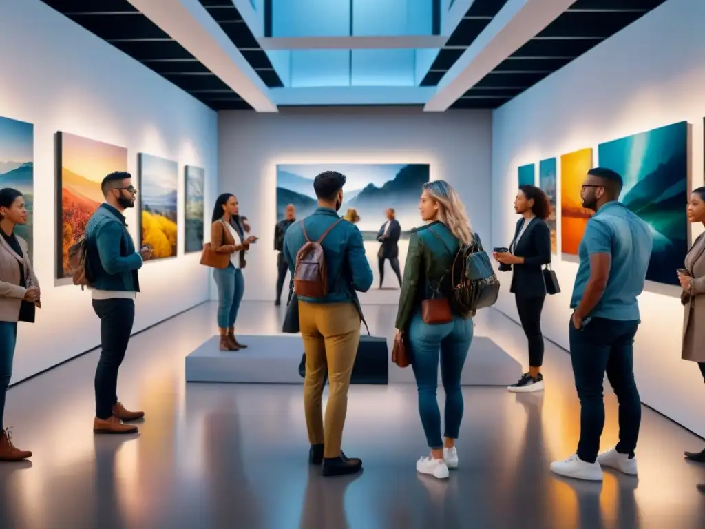 Una pintura detallada en acuarela de un grupo diverso participando activamente en una instalación artística interactiva en una galería contemporánea