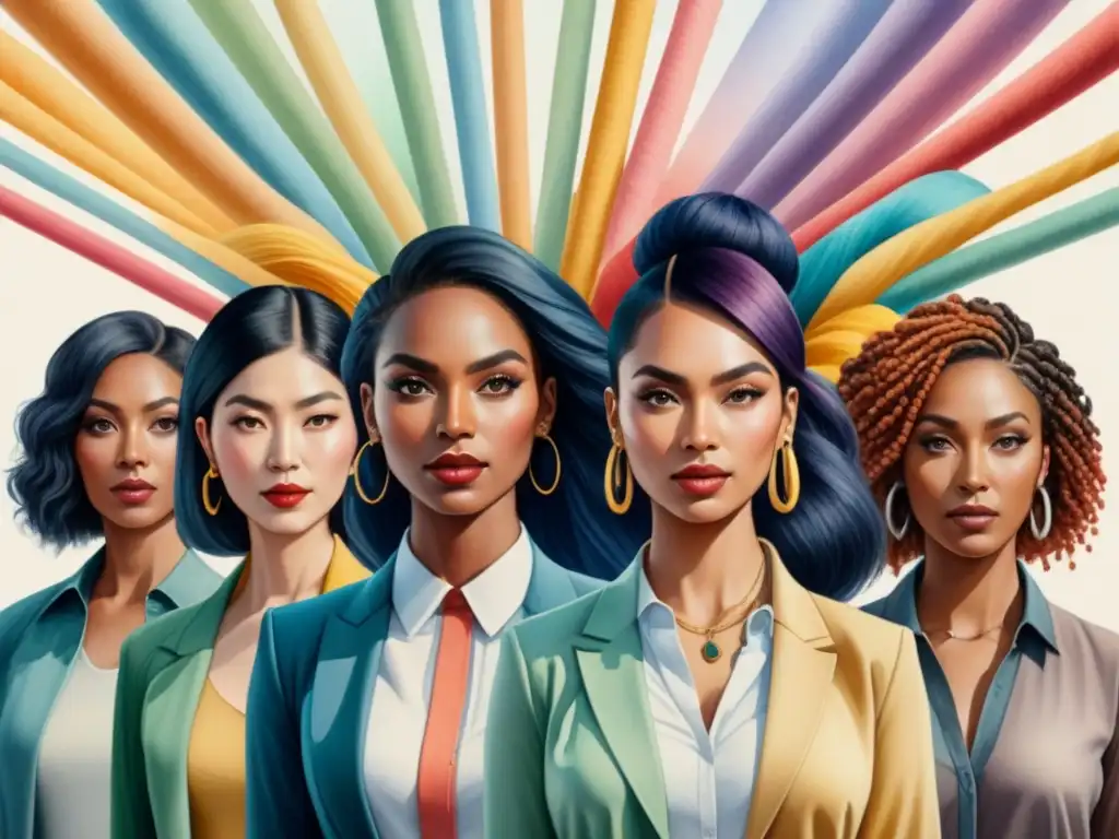 Una pintura detallada en acuarela de un grupo diverso de personas de distintos orígenes culturales, entrelazados en una red de hilos coloridos, simbolizando la multiplicidad e interconexión de identidades en la era postmoderna