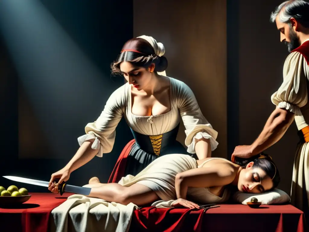 Pintura detallada en acuarela de 'Judith decapitando a Holofernes' de Caravaggio, destacando el claroscuro en esta obra maestra barroca