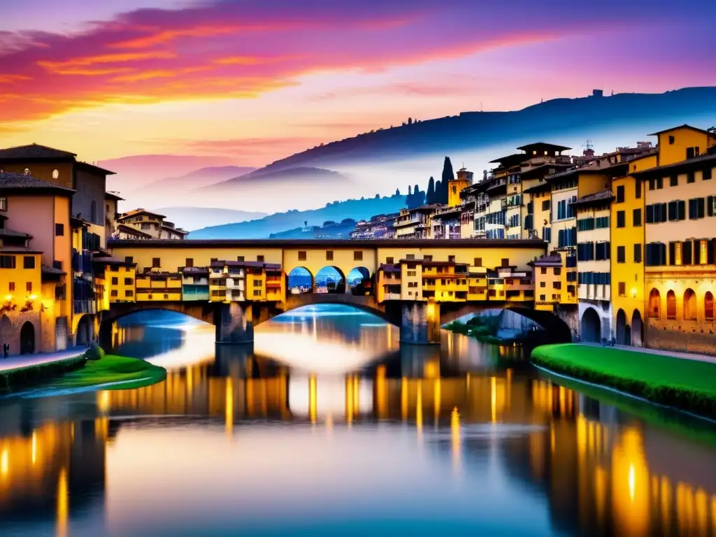 Una pintura detallada en acuarela del icónico Puente Vecchio en Florencia, Italia, con arquitectura e edificios coloridos a lo largo del río Arno, colinas toscanas y un vibrante atardecer