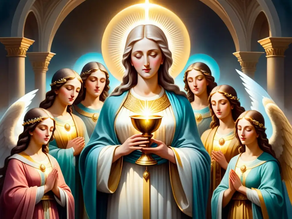 Pintura detallada en acuarela de iconografía religiosa en el Manierismo, con figuras serenas y angelicales en un halo de luz etérea