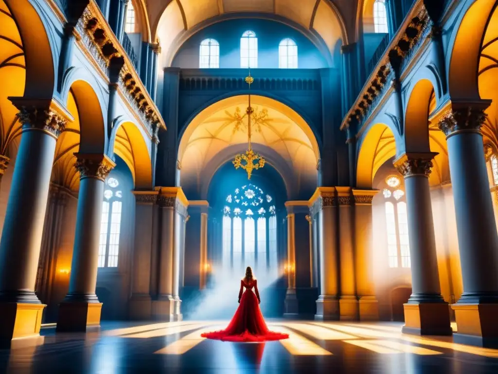 Una pintura detallada en acuarela de un interior de catedral barroca, destacando la belleza arquitectónica y la percepción espacio tiempo arte barroco