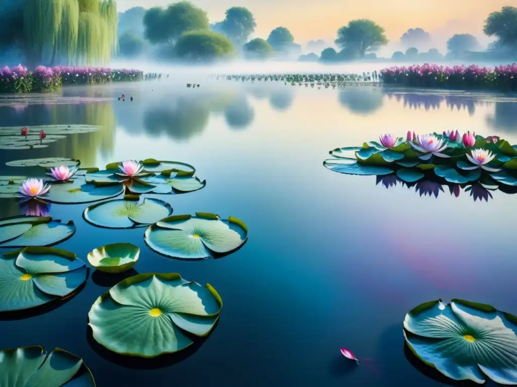 Acuarela detallada de los nenúfares de Monet: juego de luces y sombras Pintura detallada acuarela de Monet, resaltando juego luz-sombra en estanque de nenúfares