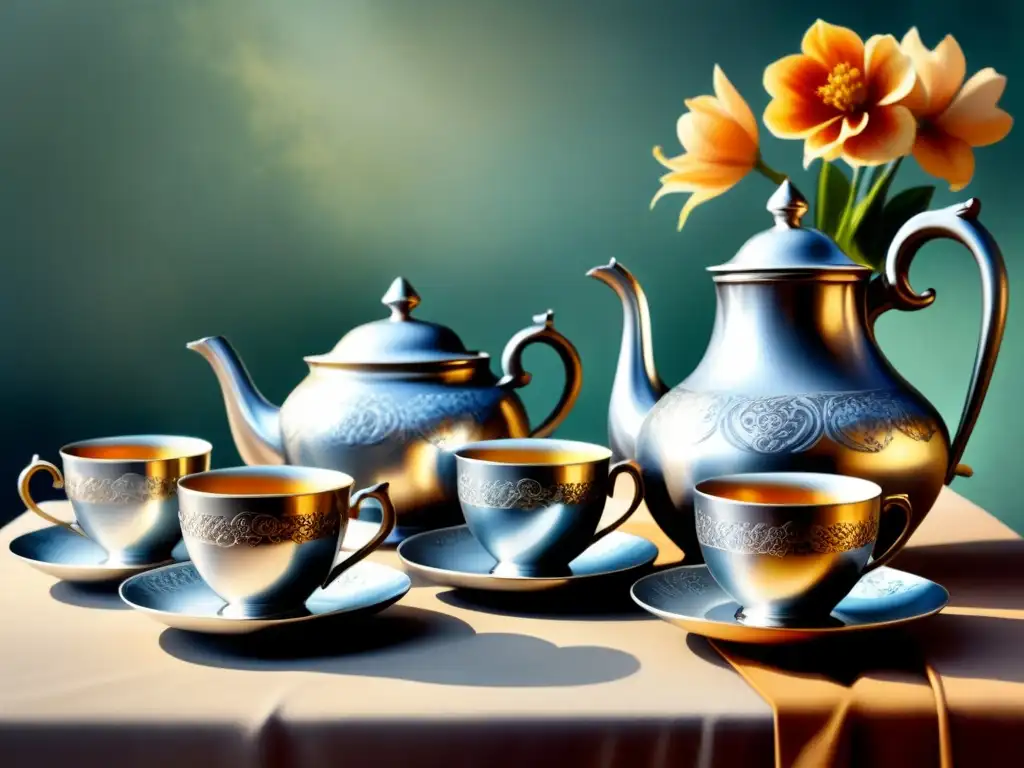 Pintura detallada en acuarela de un juego de té modernista de plata, con patrones florales intrincados y elegantes curvas