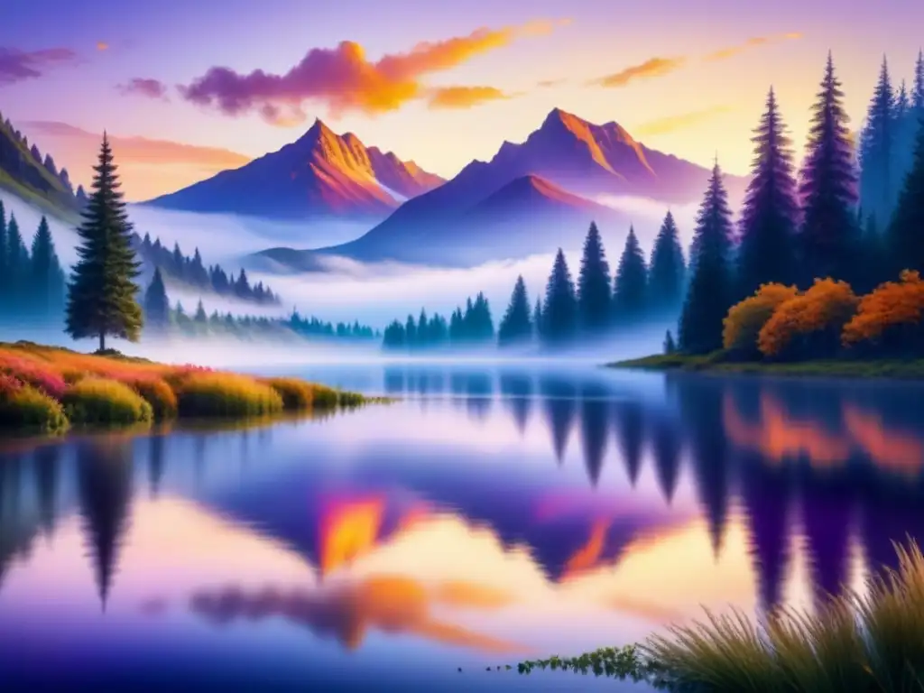 Pintura detallada de un lago sereno reflejando un vibrante atardecer Pintura detallada en acuarela de un lago sereno reflejando un vibrante atardecer, con técnicas efectos textura acuarela en cielos cálidos y paisaje natural