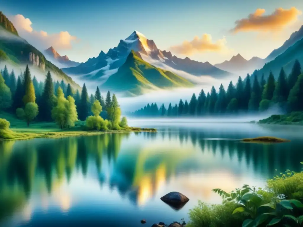 Pintura detallada en acuarela de una majestuosa cordillera con bosques verdes y un lago sereno