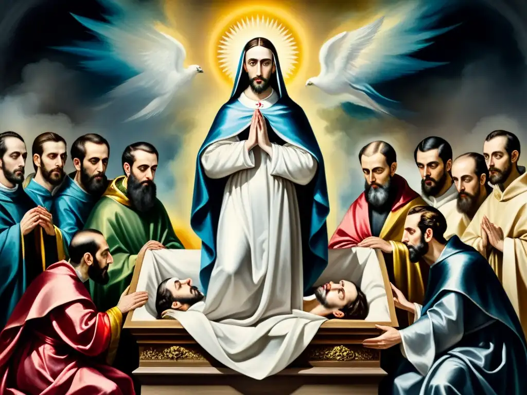 Una pintura detallada en acuarela de El Greco, fusionando manierismo y espiritualidad con colores ricos y un ambiente etéreo