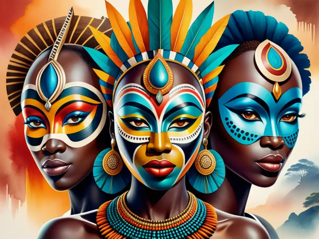 Una pintura detallada en acuarela que fusiona máscaras africanas tradicionales, patrones tribales y elementos contemporáneos