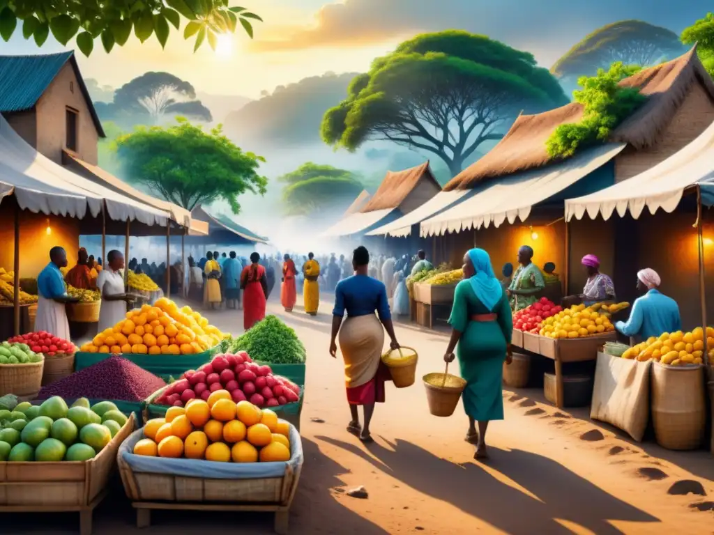 Pintura detallada acuarela de mercado africano vibrante, diversidad de identidades, arte contemporáneo