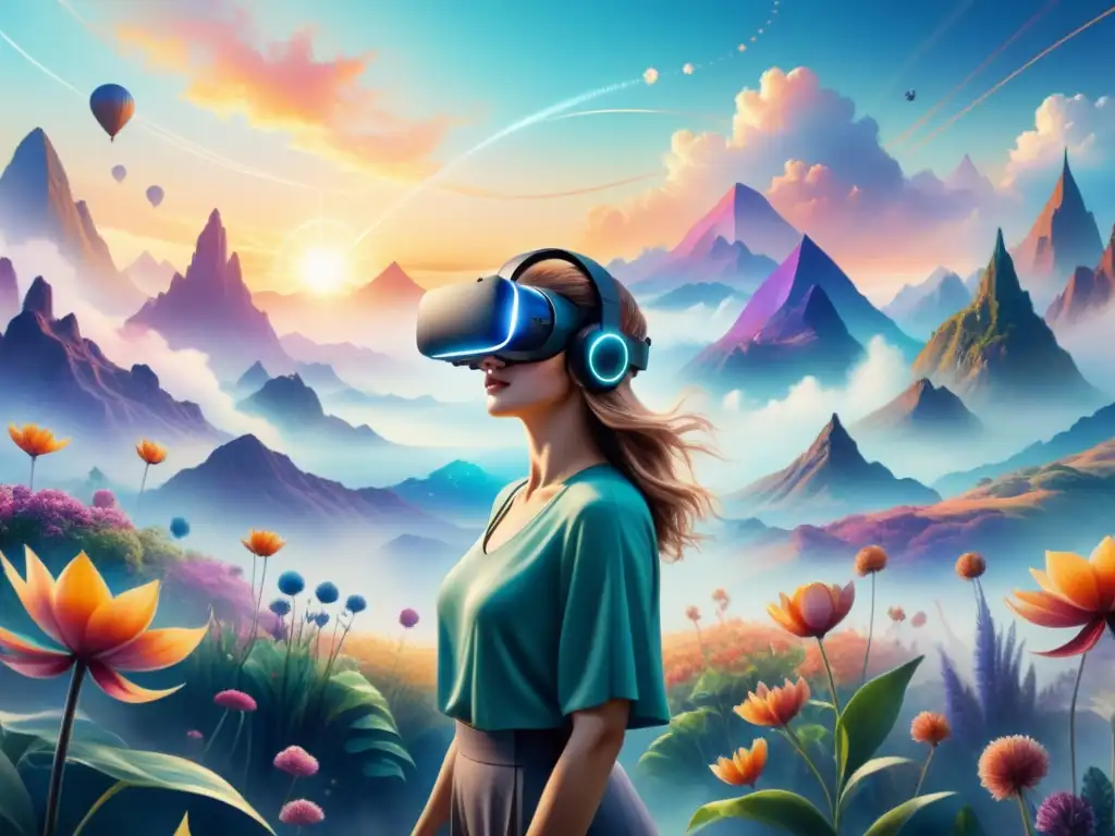 Una pintura detallada en acuarela de un mundo surrealista de realidad virtual, con colores vibrantes y formas etéreas