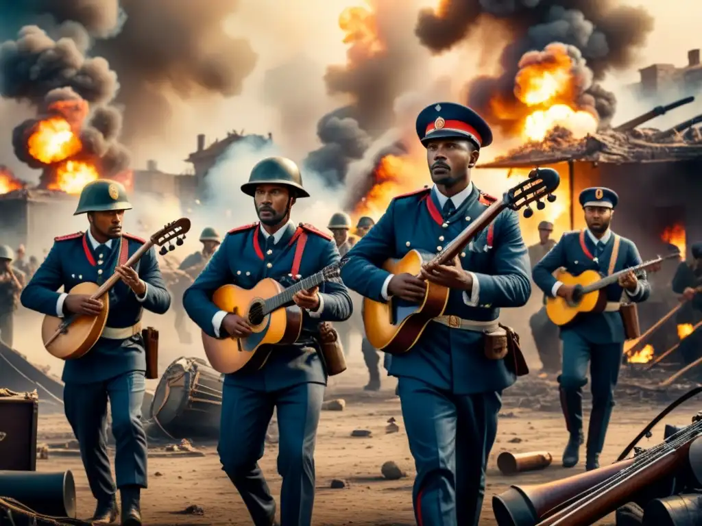 Pintura detallada en acuarela: músicos en medio del caos de la guerra, expresión sombría pero determinada, música en tiempos guerra arte