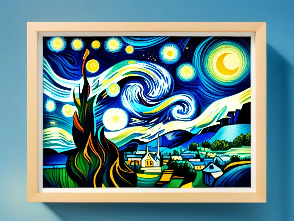 Pintura acuarela detallada de 'La noche estrellada' de Van Gogh Una pintura detallada en acuarela de 'La Noche Estrellada' de Van Gogh, con una paleta de colores postimpresionistas