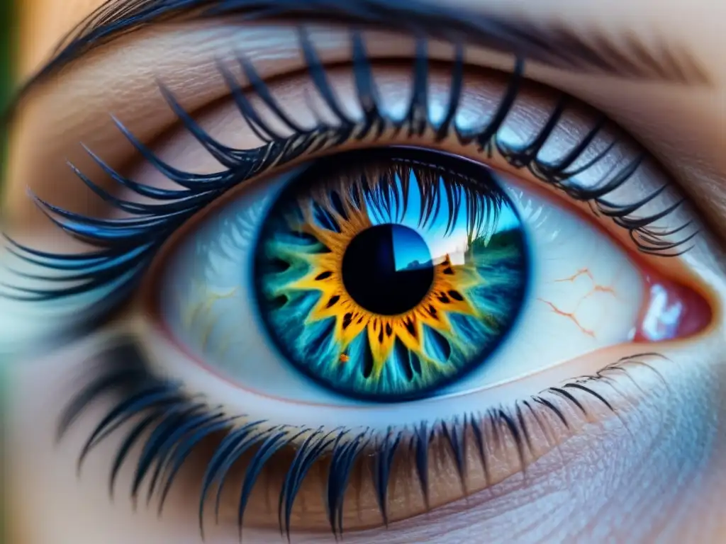 Una pintura detallada en acuarela de un ojo hiperrealista, con colores vibrantes y técnicas avanzadas de arte visual realista