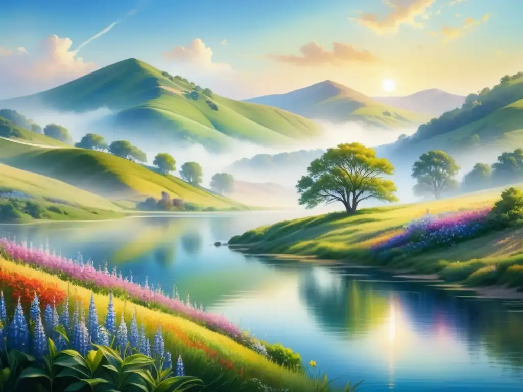 Pintura detallada acuarela de paisaje exuberante con colinas, lago sereno, flores silvestres y árbol solitario