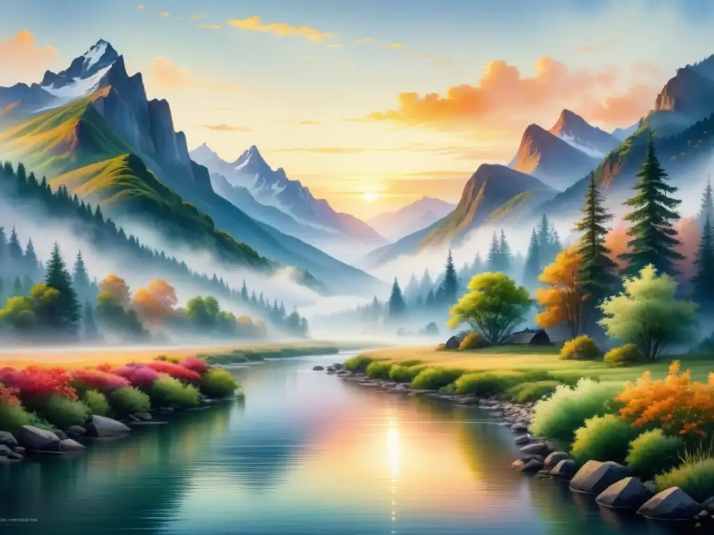 Una pintura detallada en acuarela que muestra un paisaje sereno con un río sinuoso reflejando los vibrantes colores de un cielo al atardecer