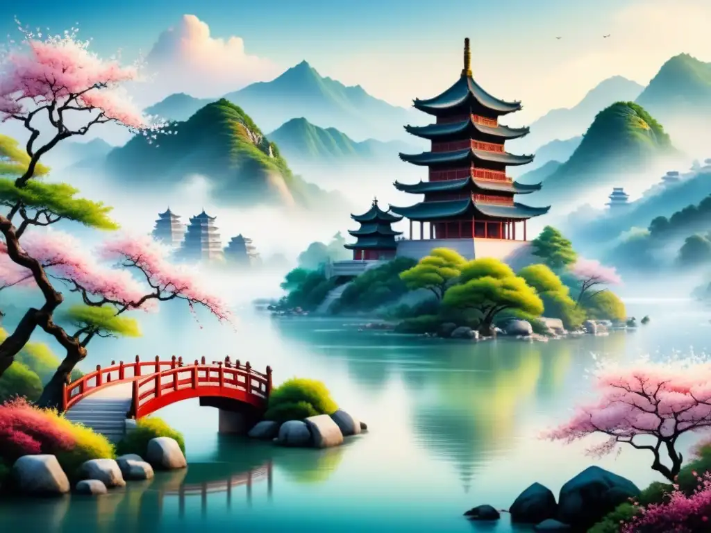 Pintura detallada en acuarela de paisaje chino sereno con montañas cubiertas de niebla, río tranquilo y pagoda entre cerezos en flor