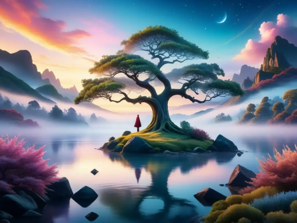 Fantasía surrealista: paisaje onírico en acuarela Una pintura detallada en acuarela de un paisaje onírico surrealista, con colores vibrantes, objetos etéreos y criaturas fantásticas, fusionados con la naturaleza