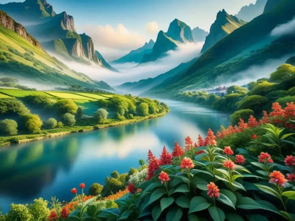 Pintura detallada en acuarela de paisaje sereno con flores vibrantes, río tranquilo y montañas majestuosas bajo cielo azul