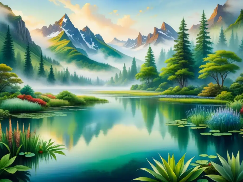 Una pintura detallada en acuarela que muestra un paisaje exuberante y vibrante donde arte, ciencia y naturaleza se entrelazan