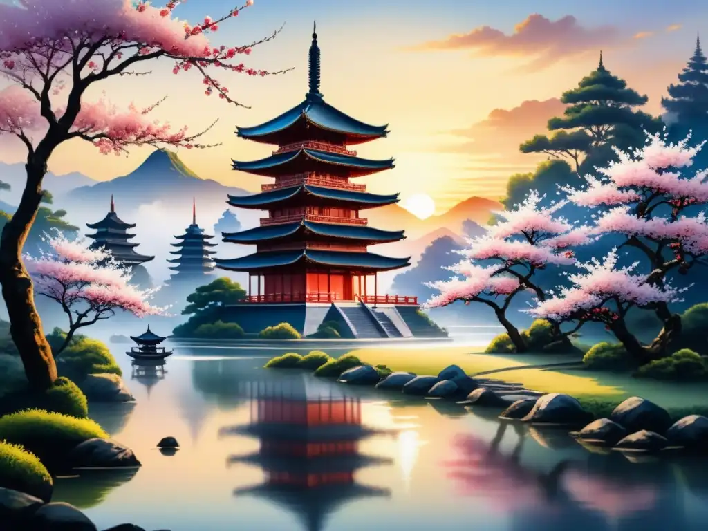 Pintura detallada en acuarela de un paisaje asiático sereno con pagoda tradicional, cerezos en flor y estanque tranquilo al atardecer