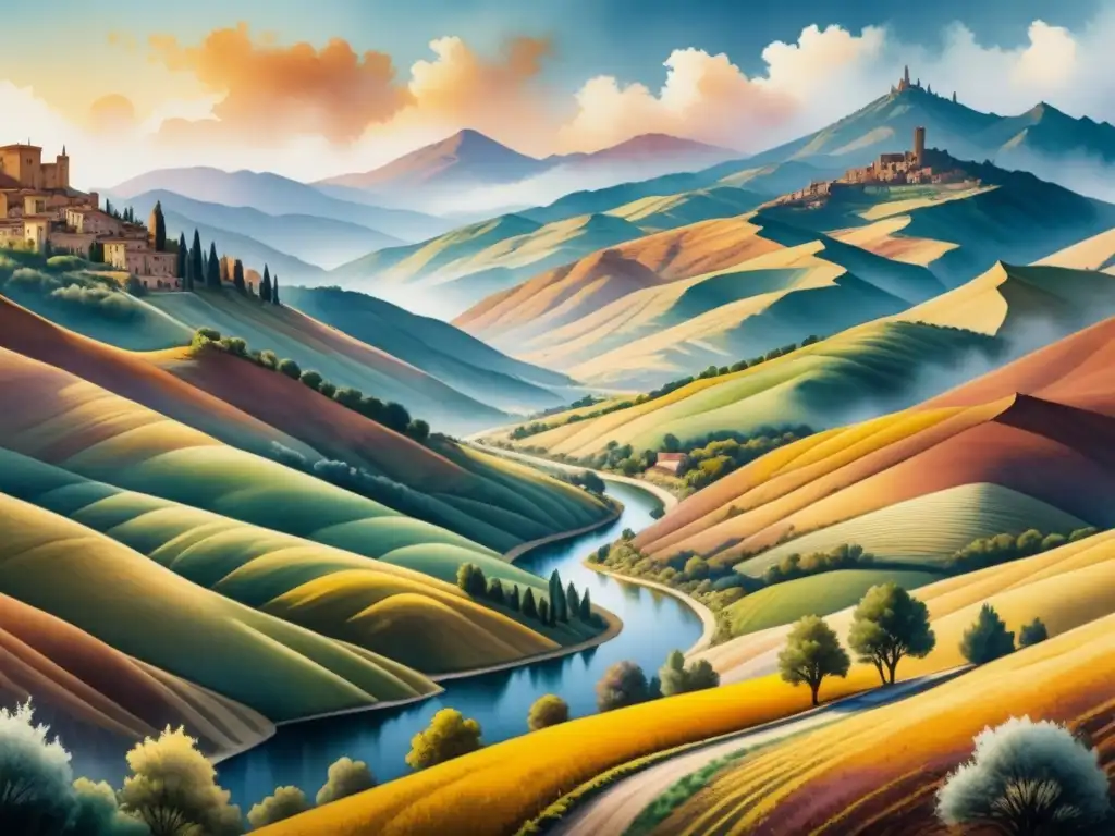 Una pintura detallada en acuarela que muestra un paisaje vasto con tonos terrosos como ocre y siena en la paleta de colores tierra del artista