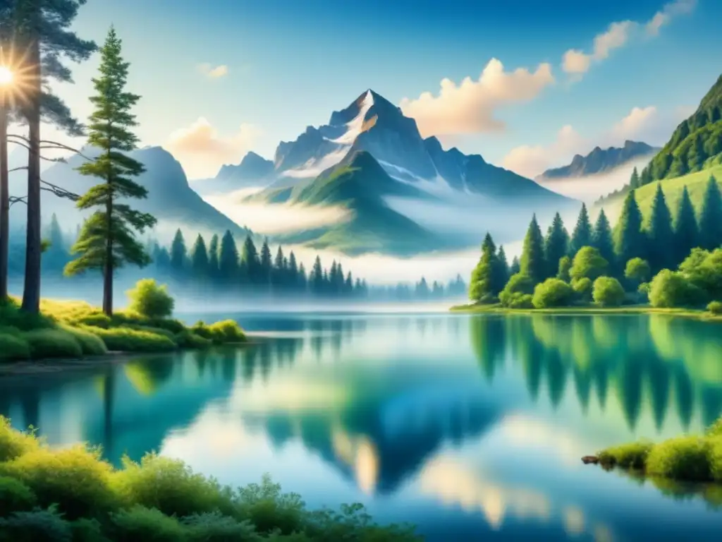 Pintura detallada en acuarela de paisaje sereno con montañas majestuosas, lago tranquilo y árboles verdes, creando armonía visual