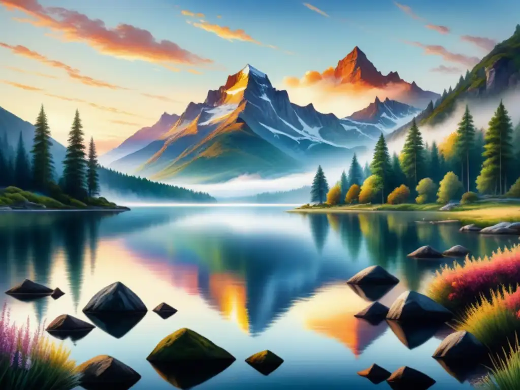 Pintura detallada en acuarela de un paisaje sereno con lago cristalino reflejando montañas majestuosas al atardecer