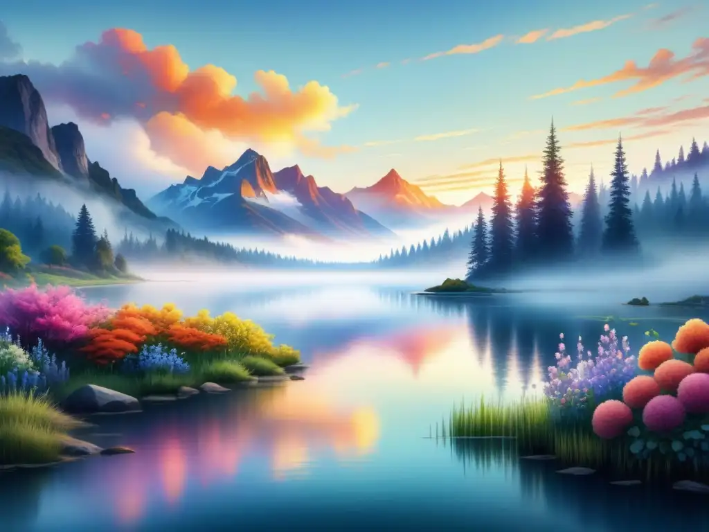 Pintura detallada de acuarela de un paisaje sereno al atardecer con un lago y colores vibrantes