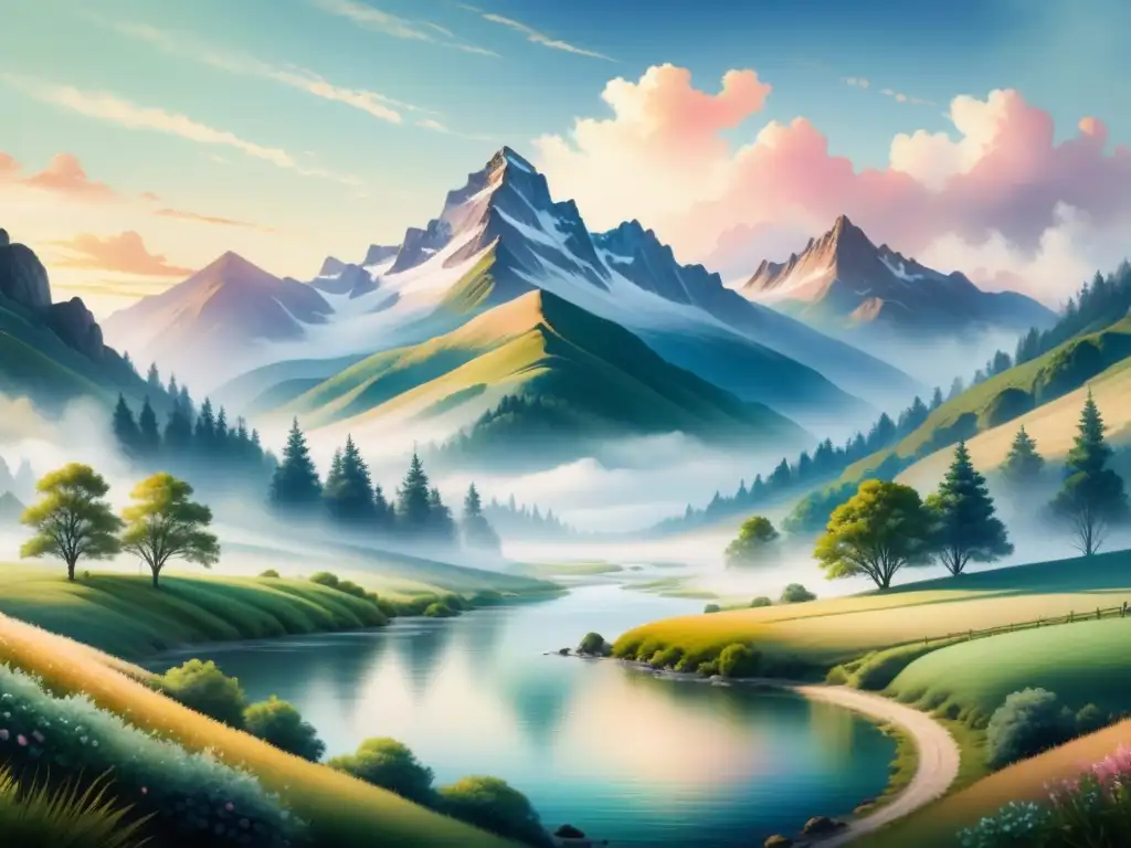 Una pintura detallada en acuarela de un paisaje sereno con colinas verdes y una majestuosa cordillera al fondo