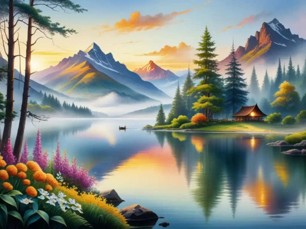 Pintura detallada de acuarela con paisaje sereno, atardecer vibrante y lago tranquilo