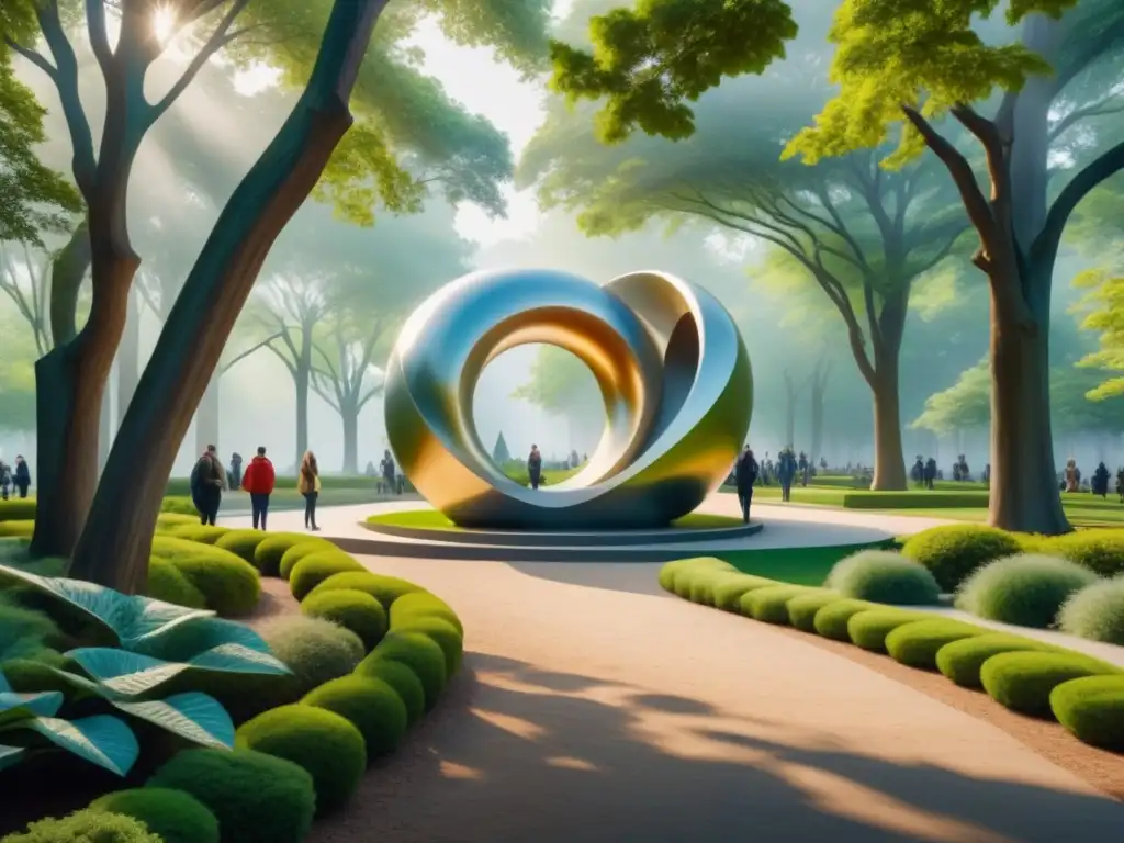 Una pintura detallada en acuarela 8k de un parque sereno con una escultura ambiental como punto focal, integrándose armoniosamente con la naturaleza